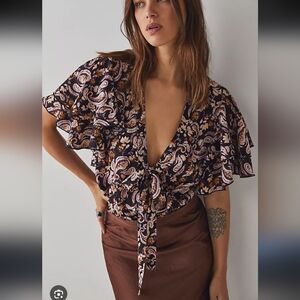 Free People Floral Paisley Ruffle Sleeve Bodysuit